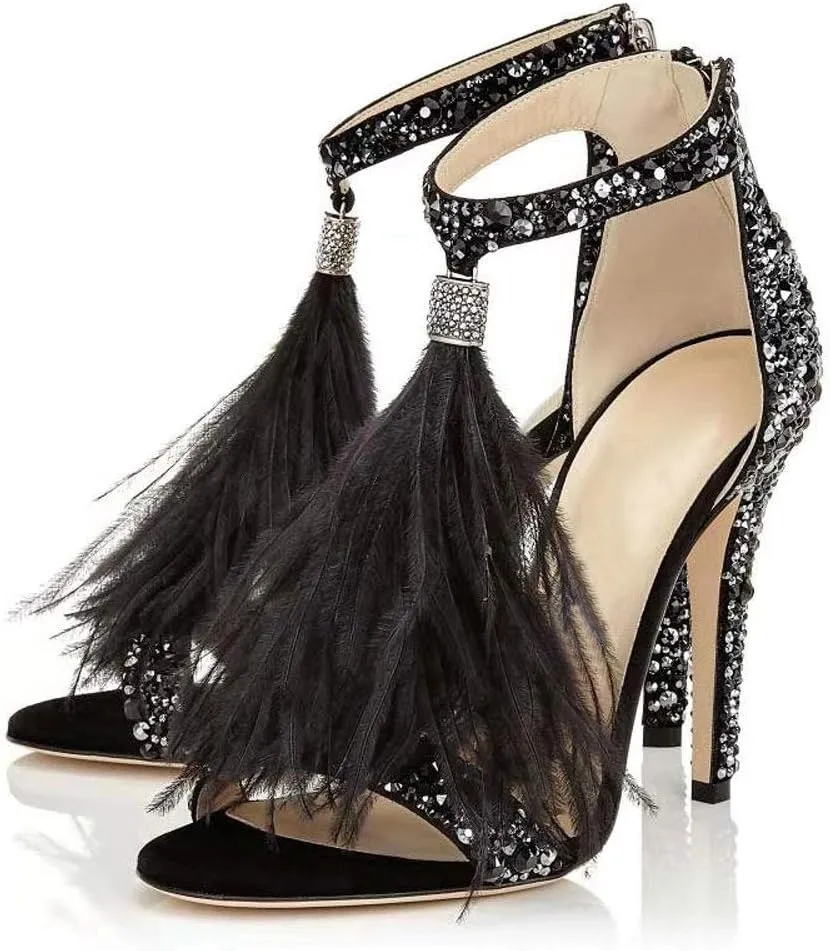 Women's Tassels Rhinestone Heeled Sandals Wedding Dress White Sandals Stiletto Heel Pearl