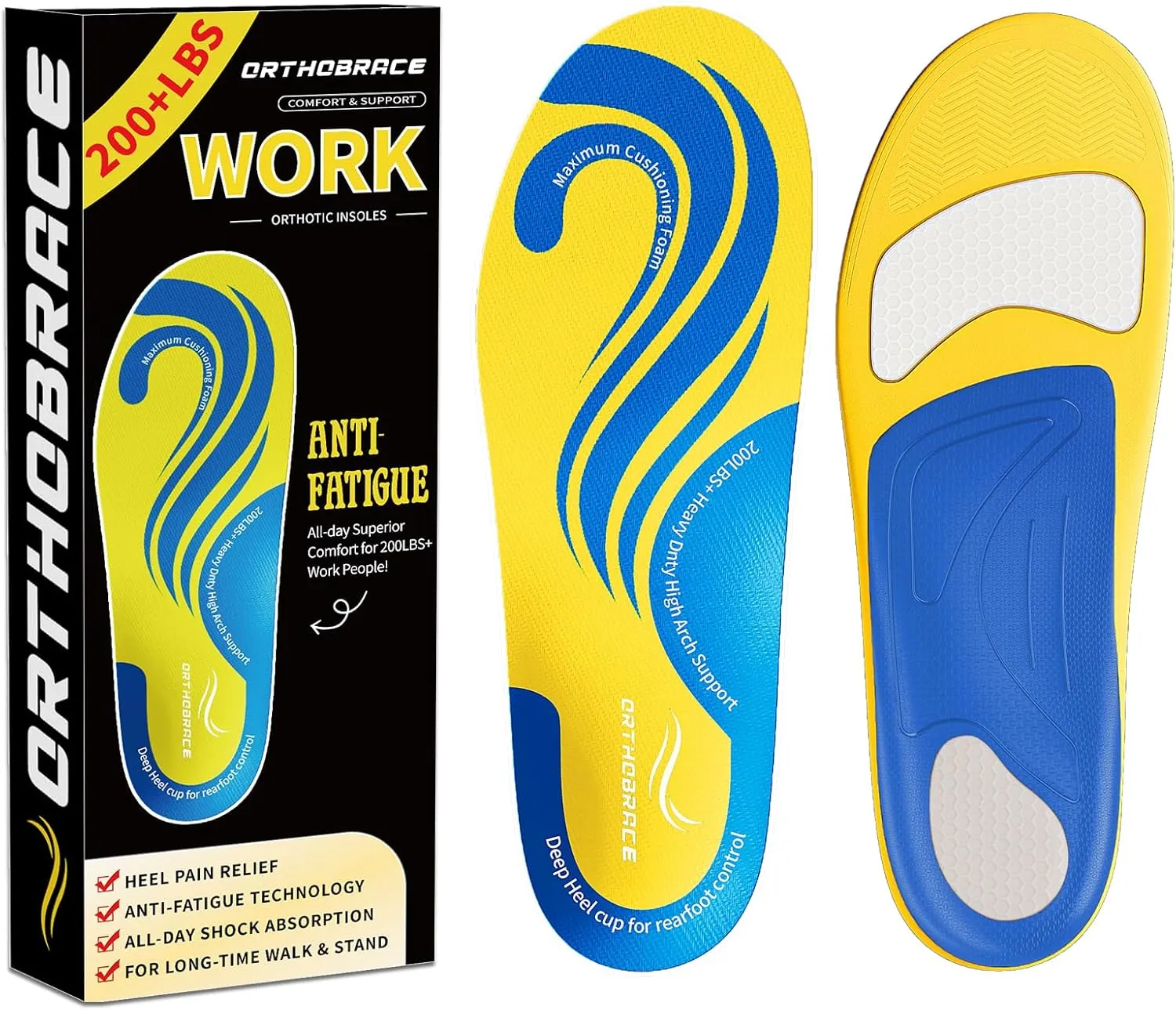 Work Insoles, 200 lbs Heavy Duty Medium and High Arch Support Inserts for Standing All Day, Foot Pain Relief for Plantar Fasciitis, Anti Fatigue,Work Boot Shoe Insoles Men Women-M