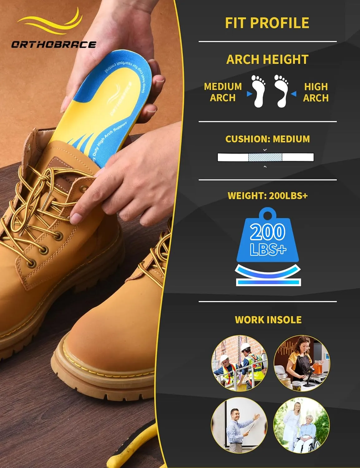 Work Insoles, 200 lbs Heavy Duty Medium and High Arch Support Inserts for Standing All Day, Foot Pain Relief for Plantar Fasciitis, Anti Fatigue,Work Boot Shoe Insoles Men Women-M