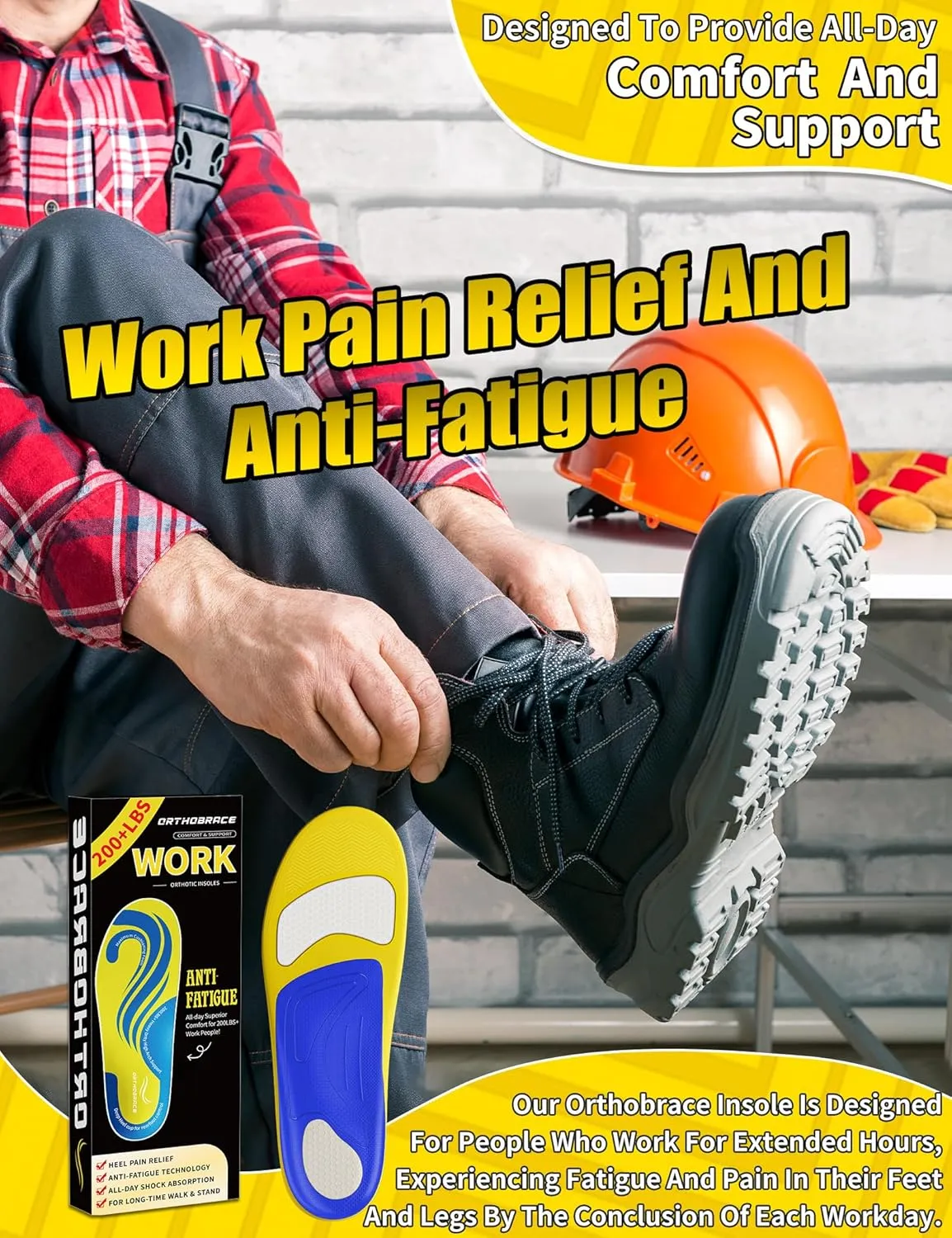 Work Insoles, 200 lbs Heavy Duty Medium and High Arch Support Inserts for Standing All Day, Foot Pain Relief for Plantar Fasciitis, Anti Fatigue,Work Boot Shoe Insoles Men Women-M