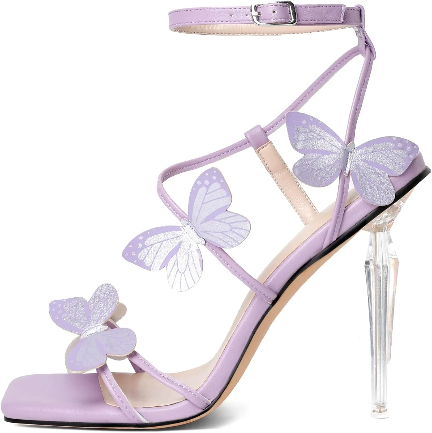 Zamikoo Open Toe Ankle Strap High Heels for Women, Square Toe Butterfly Heeled Sandals, Strappy Clear Stiletto Butterfly Heels 4 Incheses
