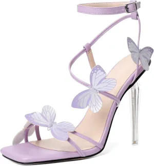 Zamikoo Open Toe Ankle Strap High Heels for Women, Square Toe Butterfly Heeled Sandals, Strappy Clear Stiletto Butterfly Heels 4 Incheses