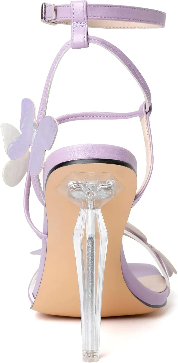 Zamikoo Open Toe Ankle Strap High Heels for Women, Square Toe Butterfly Heeled Sandals, Strappy Clear Stiletto Butterfly Heels 4 Incheses