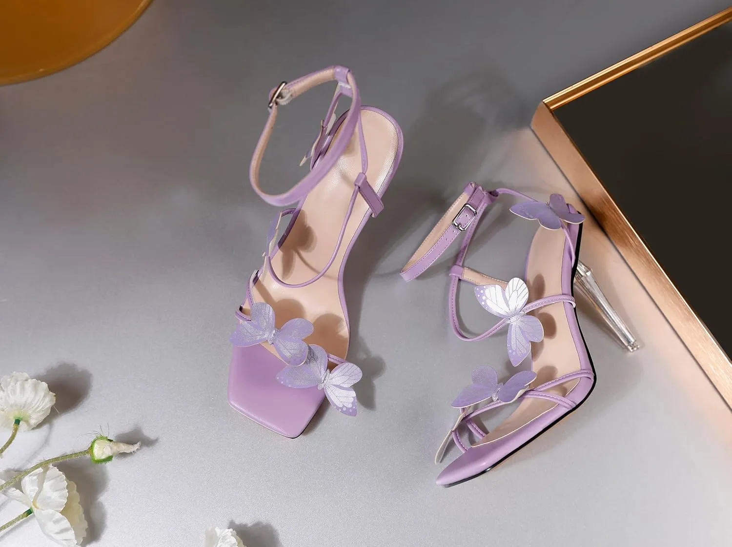 Zamikoo Open Toe Ankle Strap High Heels for Women, Square Toe Butterfly Heeled Sandals, Strappy Clear Stiletto Butterfly Heels 4 Incheses