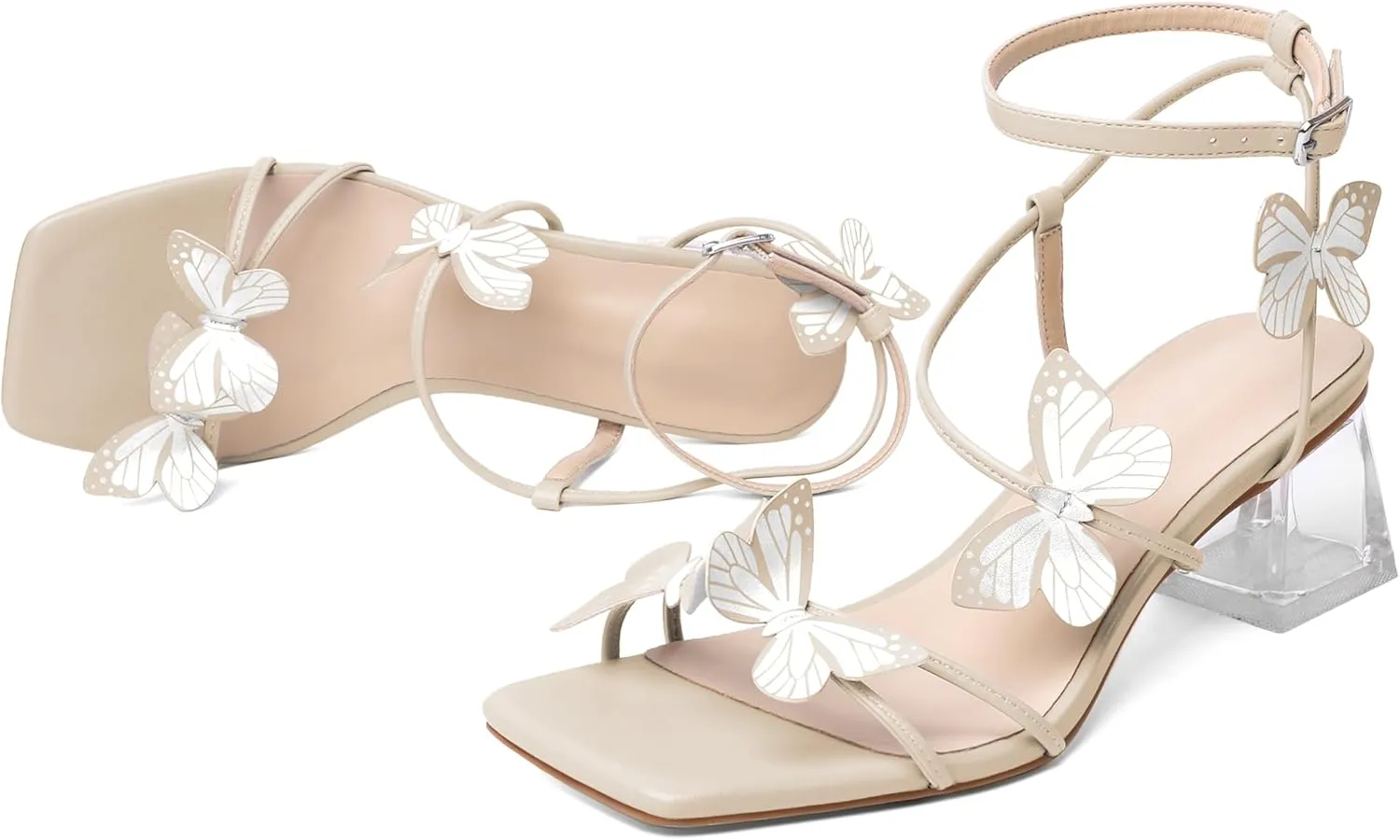 Zamikoo Women's Heeled Sandals Square Open Toe Ankle Strap Block Heels Strappy Clear Heels Chunky Low Heels