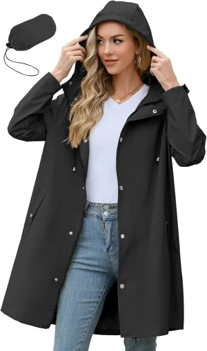 Zando Long Rain Coat for Women Packable Rain Jacket Womens Waterproof Raincoat Lightweight Hooded Windbreaker Trench Coat