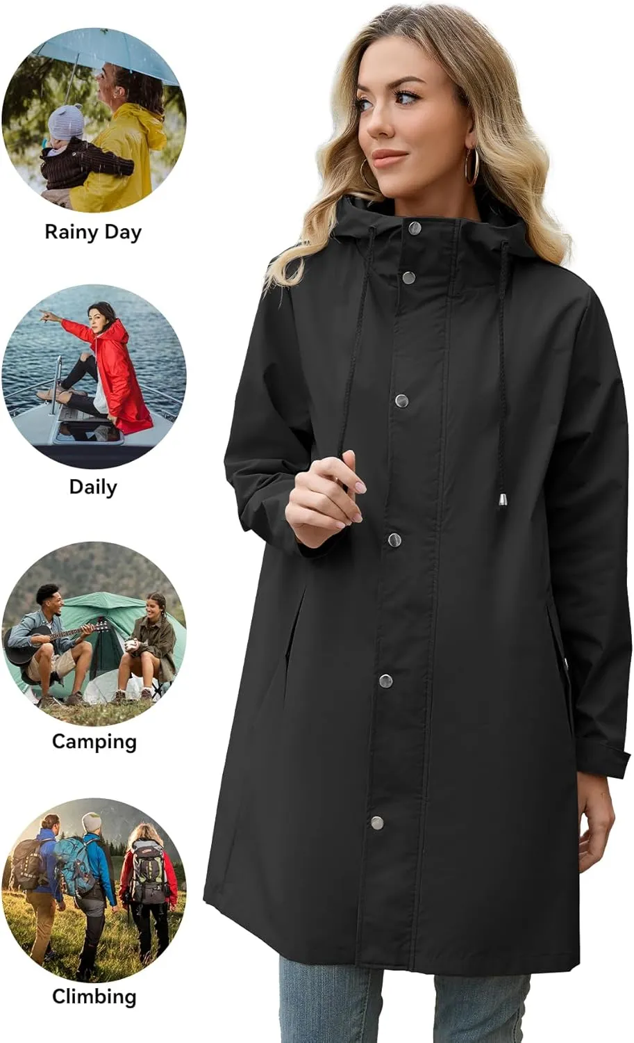 Zando Long Rain Coat for Women Packable Rain Jacket Womens Waterproof Raincoat Lightweight Hooded Windbreaker Trench Coat