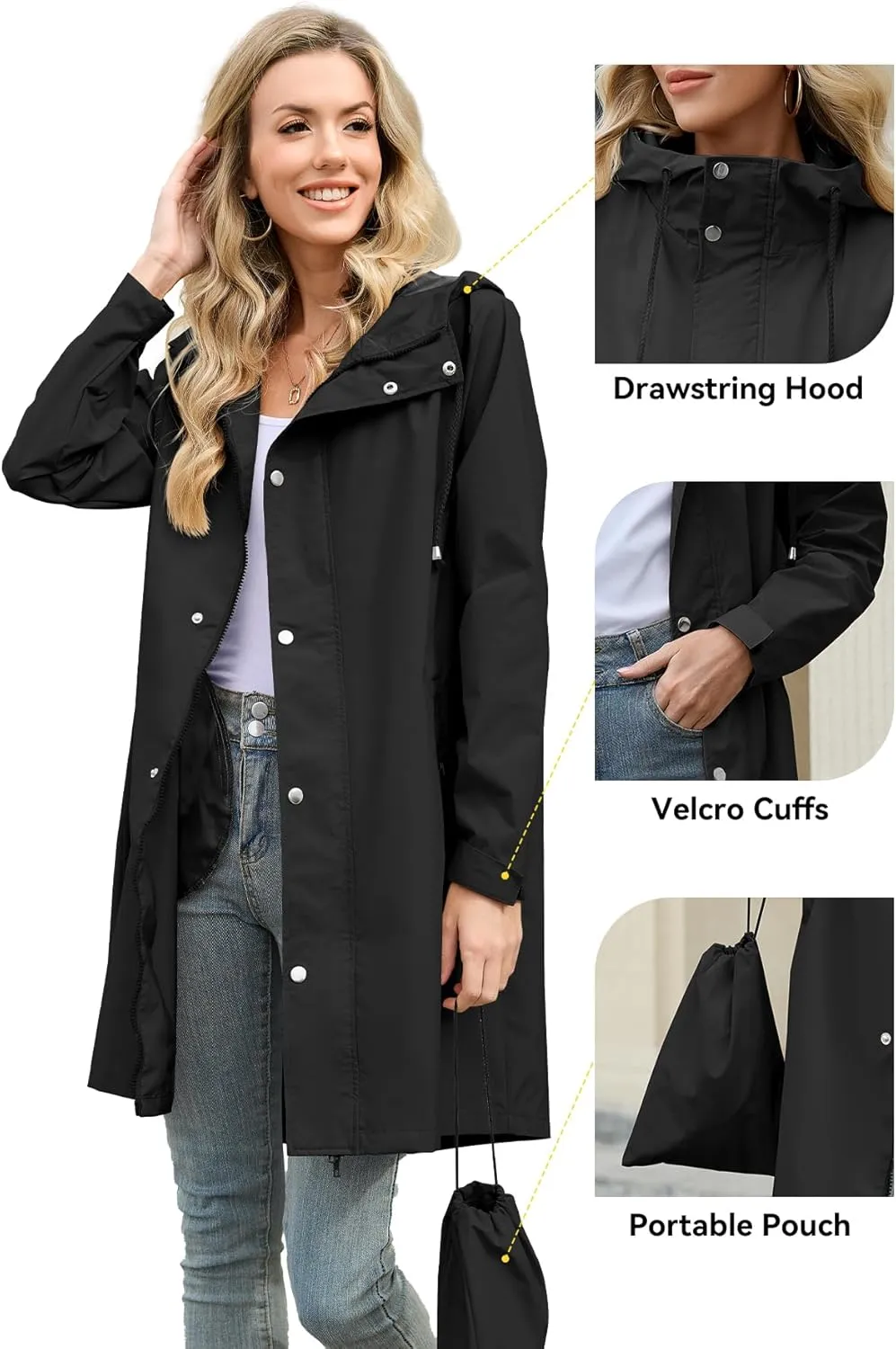 Zando Long Rain Coat for Women Packable Rain Jacket Womens Waterproof Raincoat Lightweight Hooded Windbreaker Trench Coat