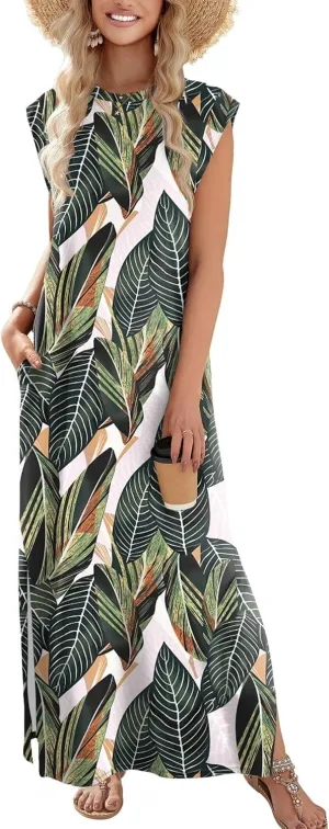 Zeagoo Women Floral Maxi Dress Summer Casual Sleeveless Sundress Crew Neck Long Dresses with Pockets 2025 Beach Vacation