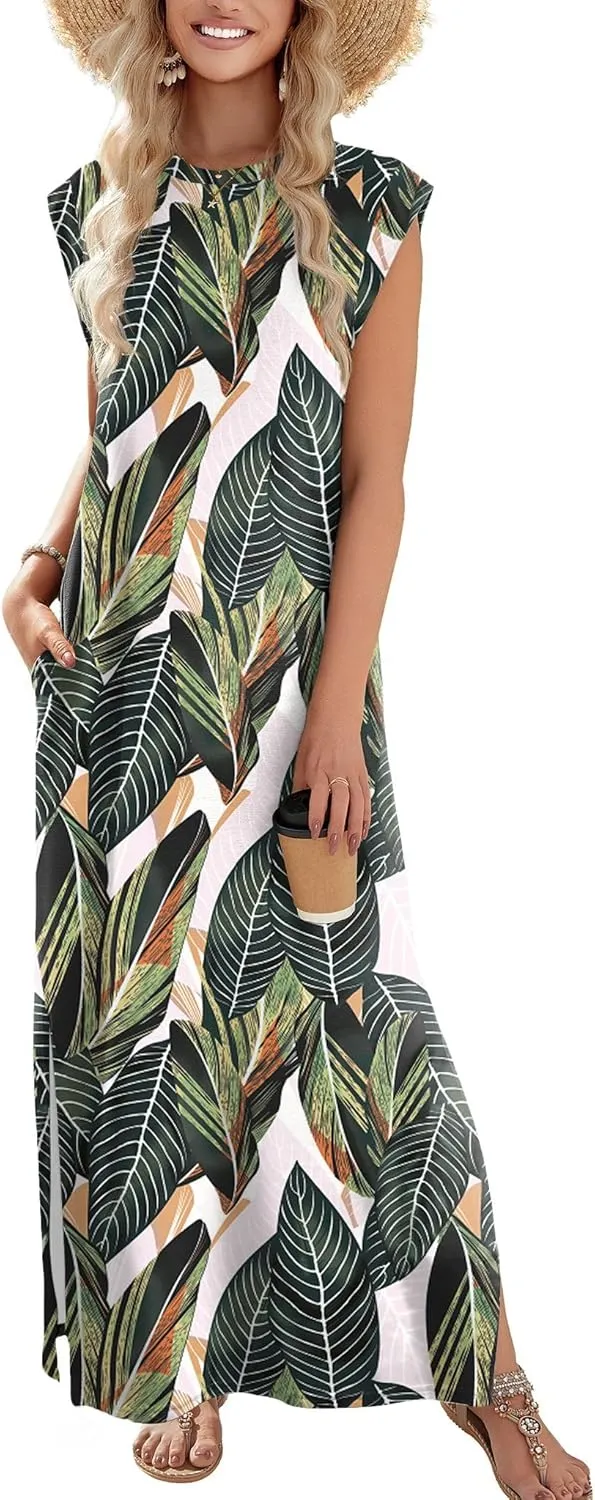 Zeagoo Women Floral Maxi Dress Summer Casual Sleeveless Sundress Crew Neck Long Dresses with Pockets 2025 Beach Vacation