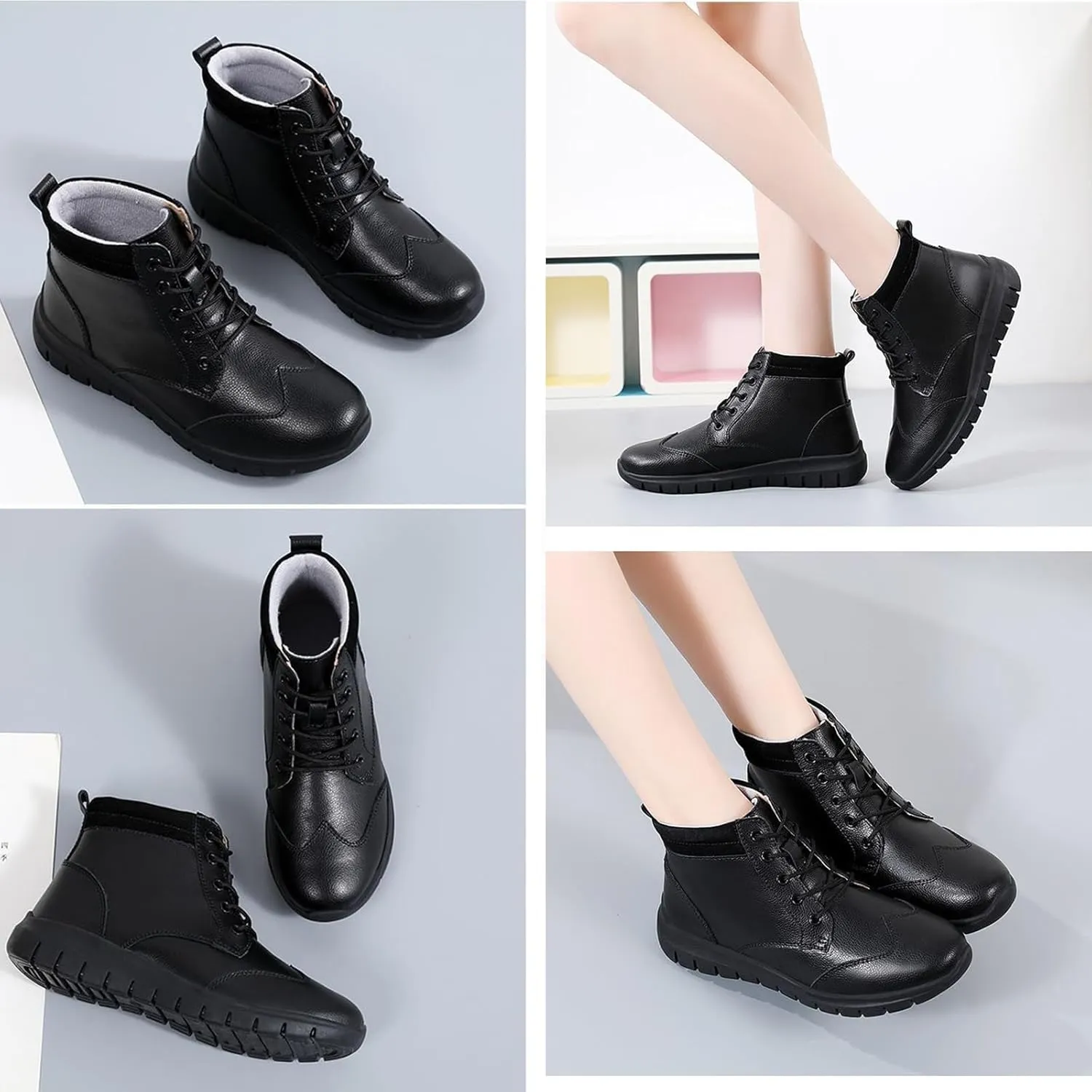 Zeberfi Women's Genuine Leather Flats Ankle Boots Fashion Round Toe Lace Up Soft Sole Casual Booties Retro Comfortable Lightweight High Top Walking Shoes